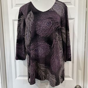JM Collection Blouse Tunic Purple Feather Print Stretch Knit Women's Plus 1X